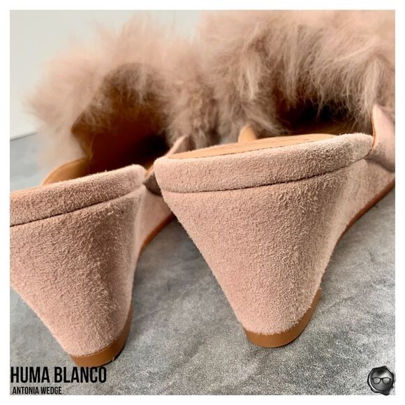ANTHROPOLOGIE HUMA BLANCO ANTONIA WEDGE MULE SANDAL IN ROSE PINK ALPACA FUR TRIM - Picture 9 of 16